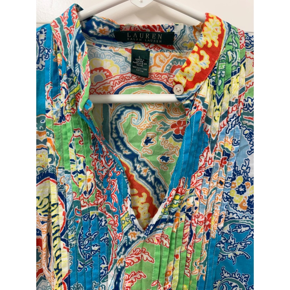 Lauren Ralph Lauren Womens Large Paisley Pintuck Cotton Tunic Blouse Multi Color